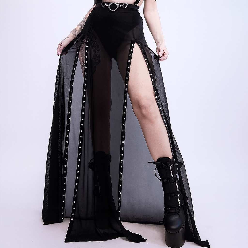 Black Lace Maxi Skirt with Sheer Design and Witchy Style