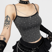 Gothic Cross Print Lace Crop Top in Dark Gray