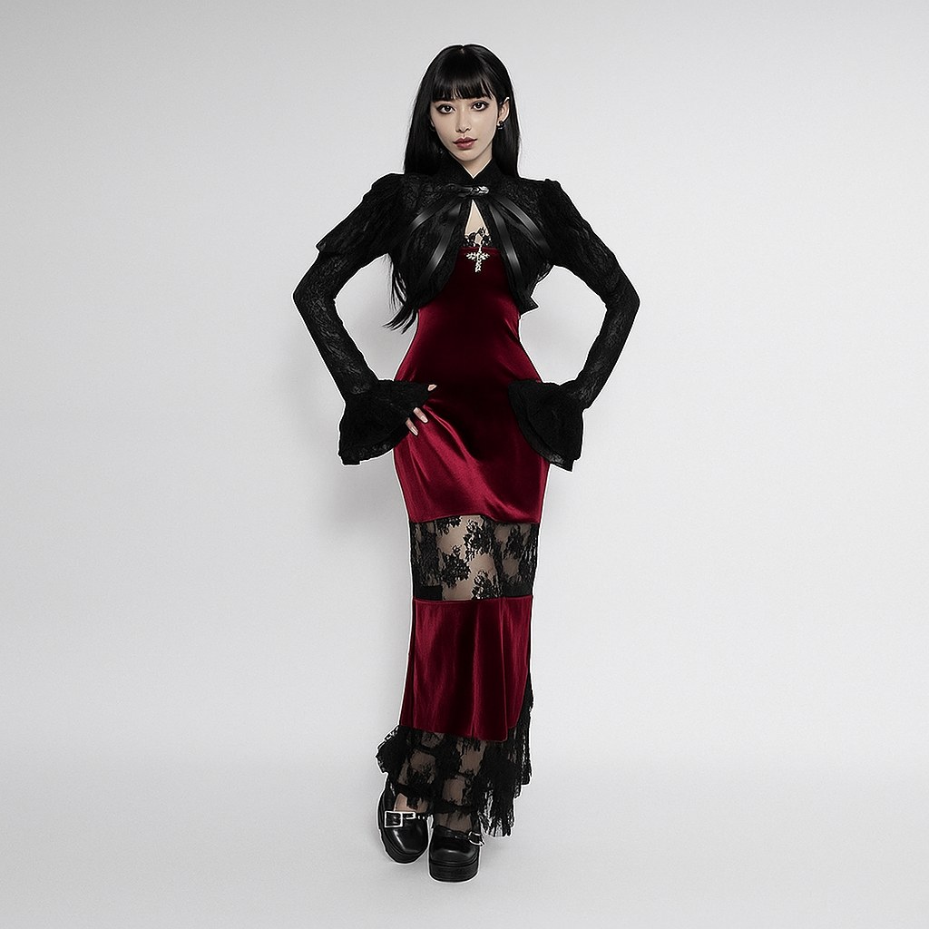 Crimson Lace Siren Dress – Dark Floral Gothic Bodycon Gown