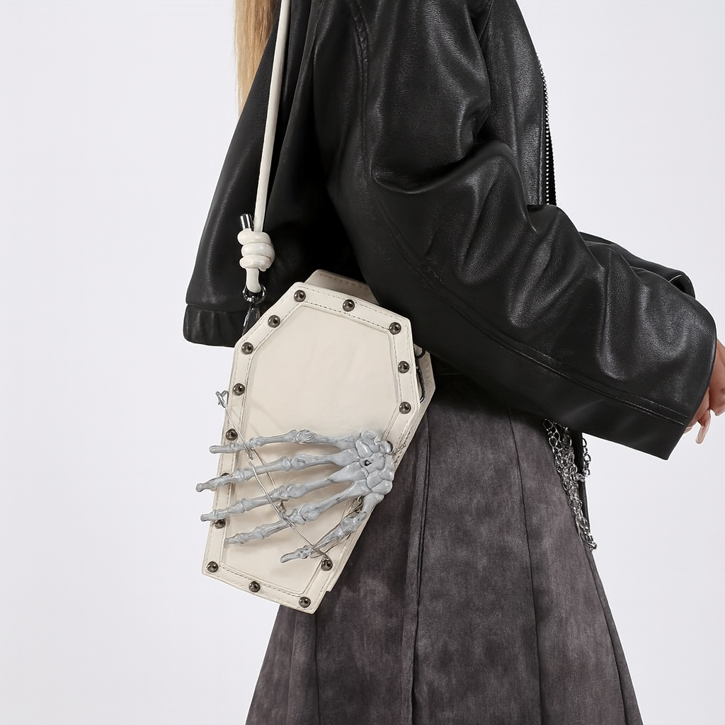 Gothic Skeleton Crossbody Bag, Shoulder Messenger with Zipper Closure, Polyester Lined, Edge Paint Detail, Solid Color, Fashionable for Halloween Horror Theme Events