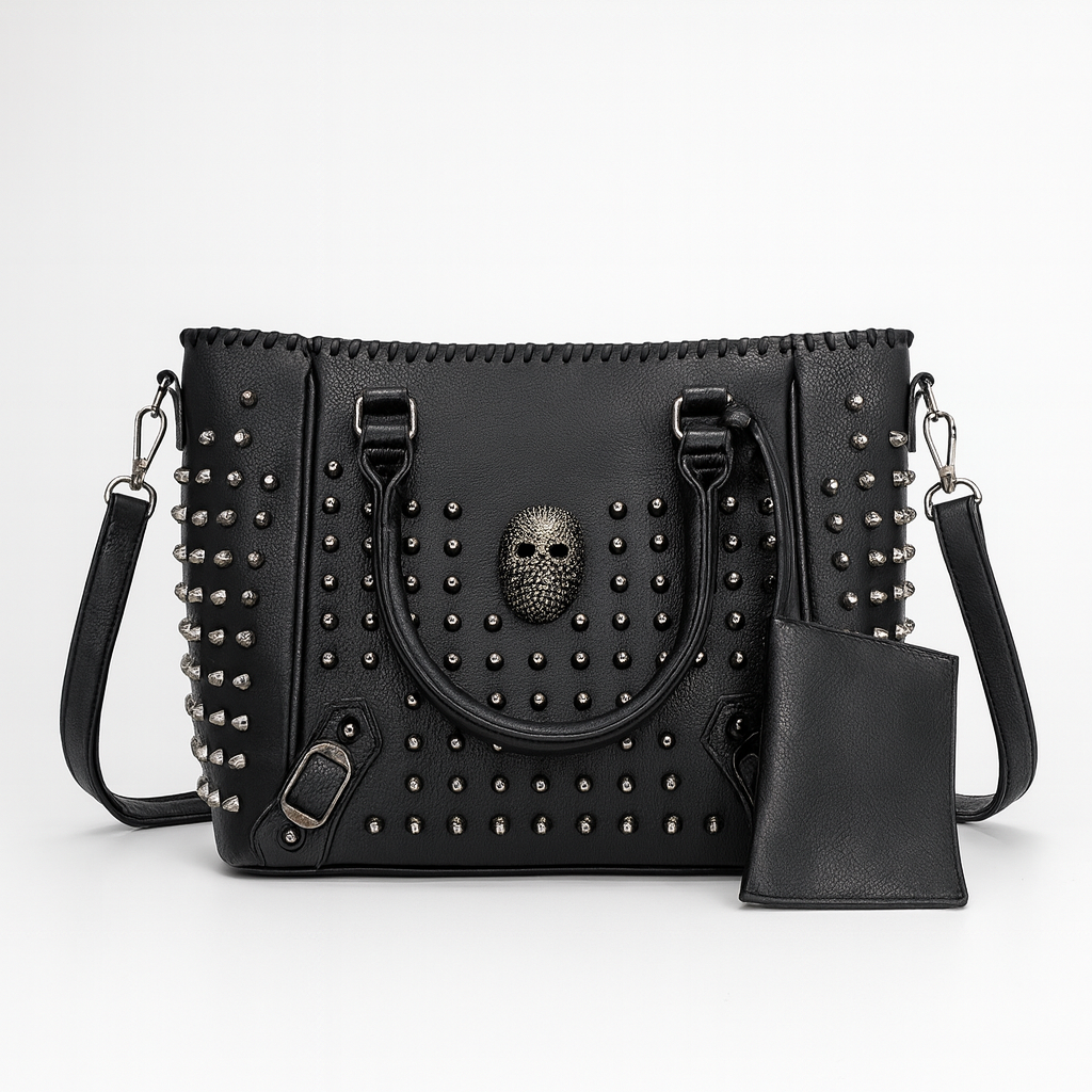 [Halloween]Women's shoulder bag set with rivets and skull head, steampunk style tote bag, large capacity shoulder travel bag, ideal choice for Halloween and daily use