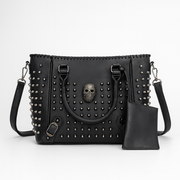 [Halloween]Women's shoulder bag set with rivets and skull head, steampunk style tote bag, large capacity shoulder travel bag, ideal choice for Halloween and daily use