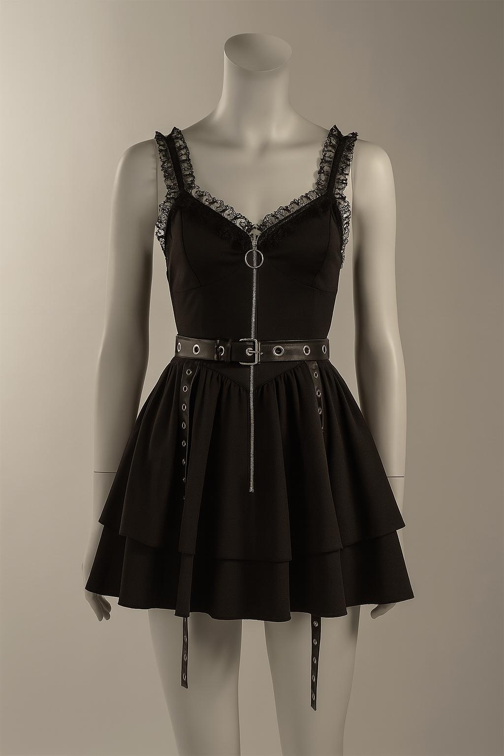 Gothic Punk Flare Dress with Eyelet Details and Zipper