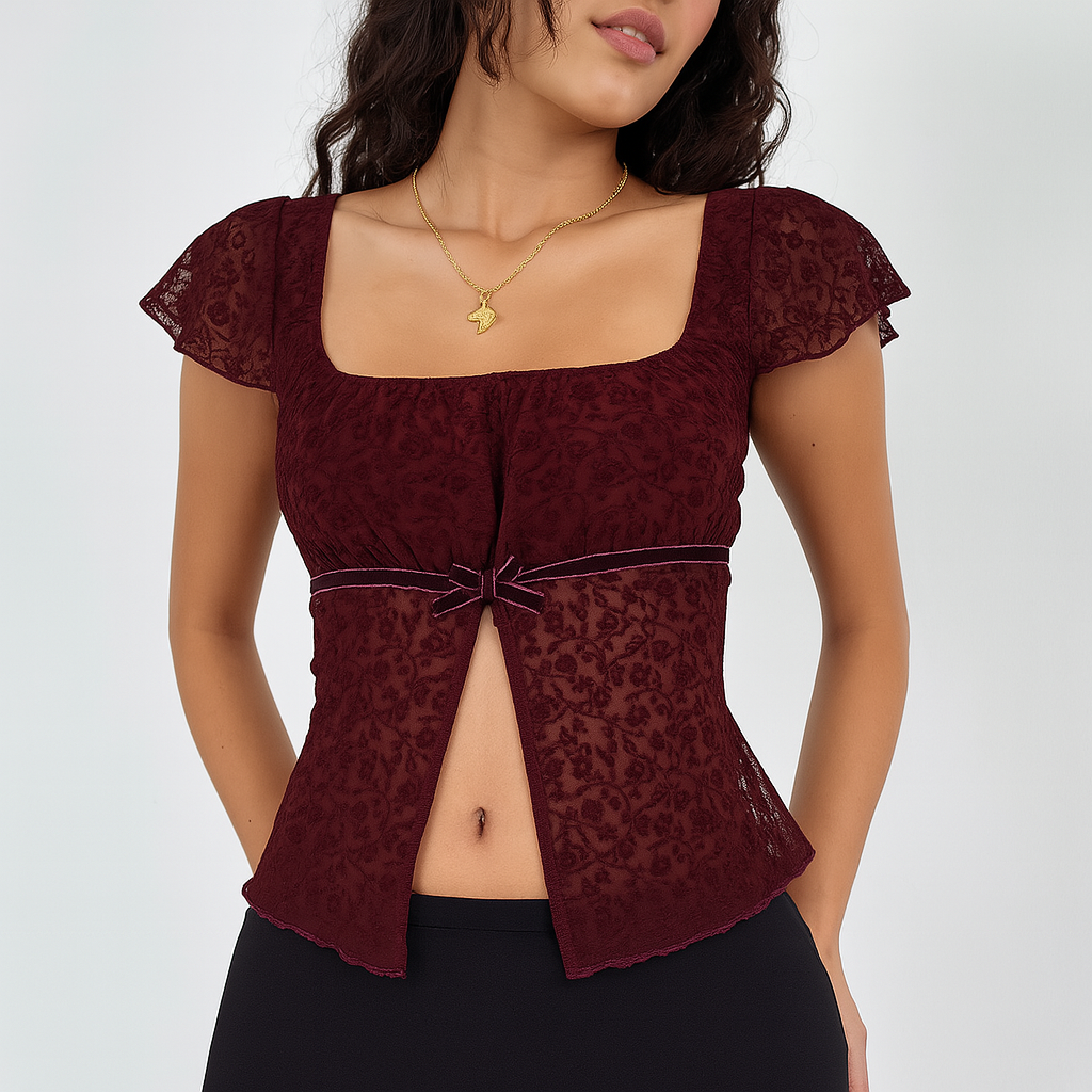 Gothic Red Crop Top with Square Neck and Side Slit