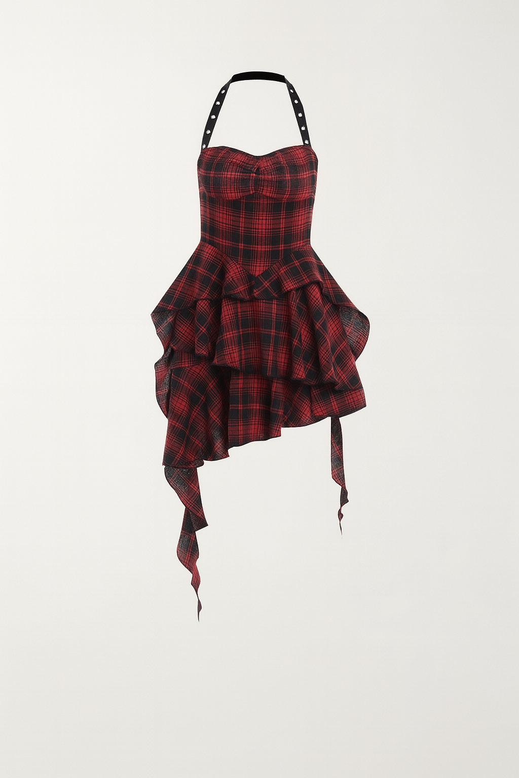 Red Plaid Goth Halter Dress With Asymmetrical Hemline