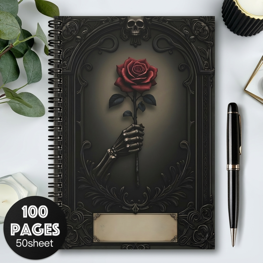 1pc Gothic Spiral Notebook Journal - Mystical Rose & Skull Design, Black with Golden Accents, 100 Pages, Perfect for Daily Writing, Travel, Office, or Gift for Teen Girls, Gothic Journaling | Skull Rose Design | Durable Spiral Binding