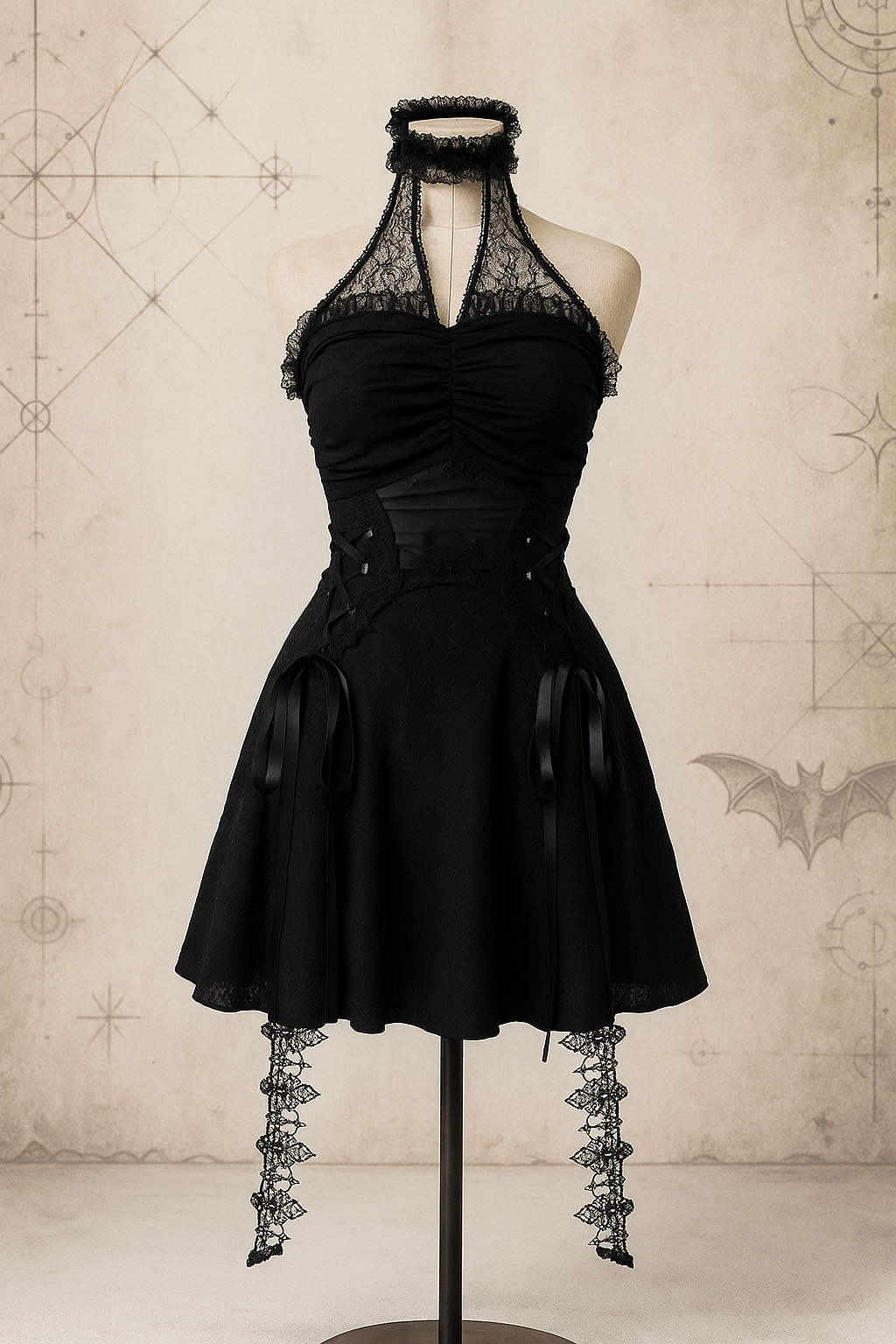 Gothic Lace Halter Mini Dress – Dark Romantic Elegance