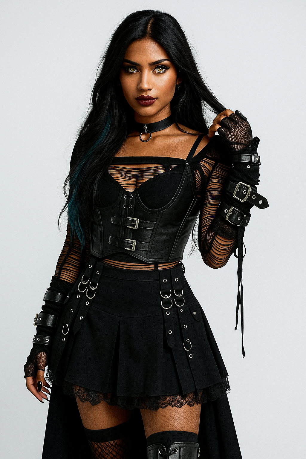 Gothic Black Pleated Mini Skirt with Irregular Strap Design