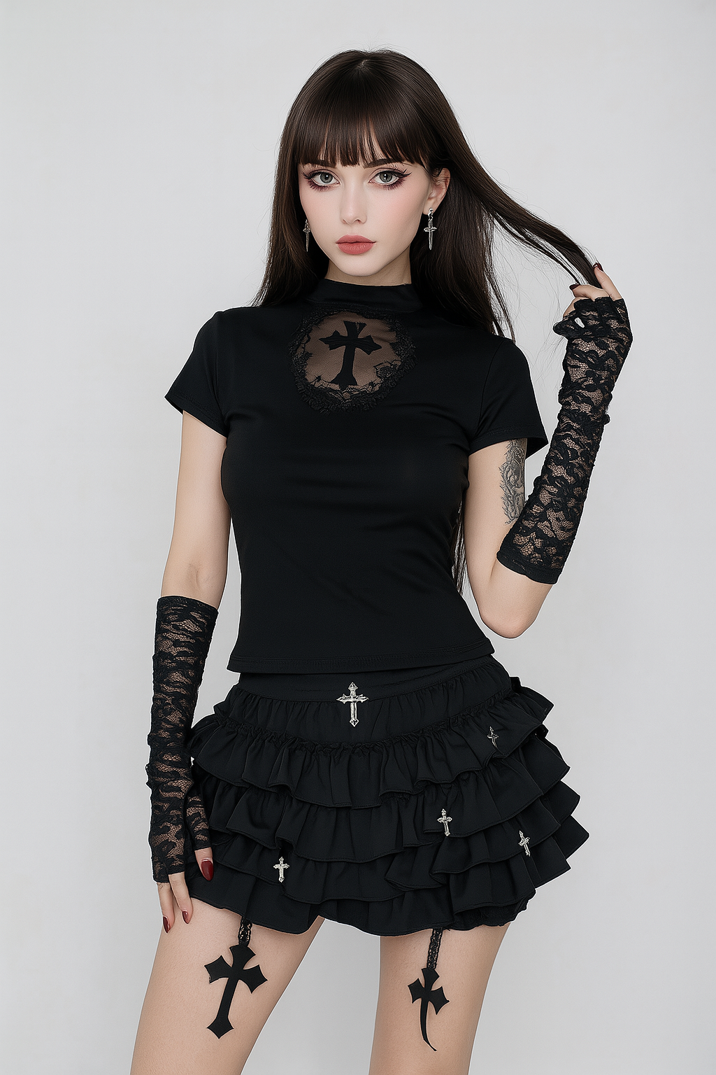 Cross Embellished Ruffle Skirt for Dark Romantic Style
