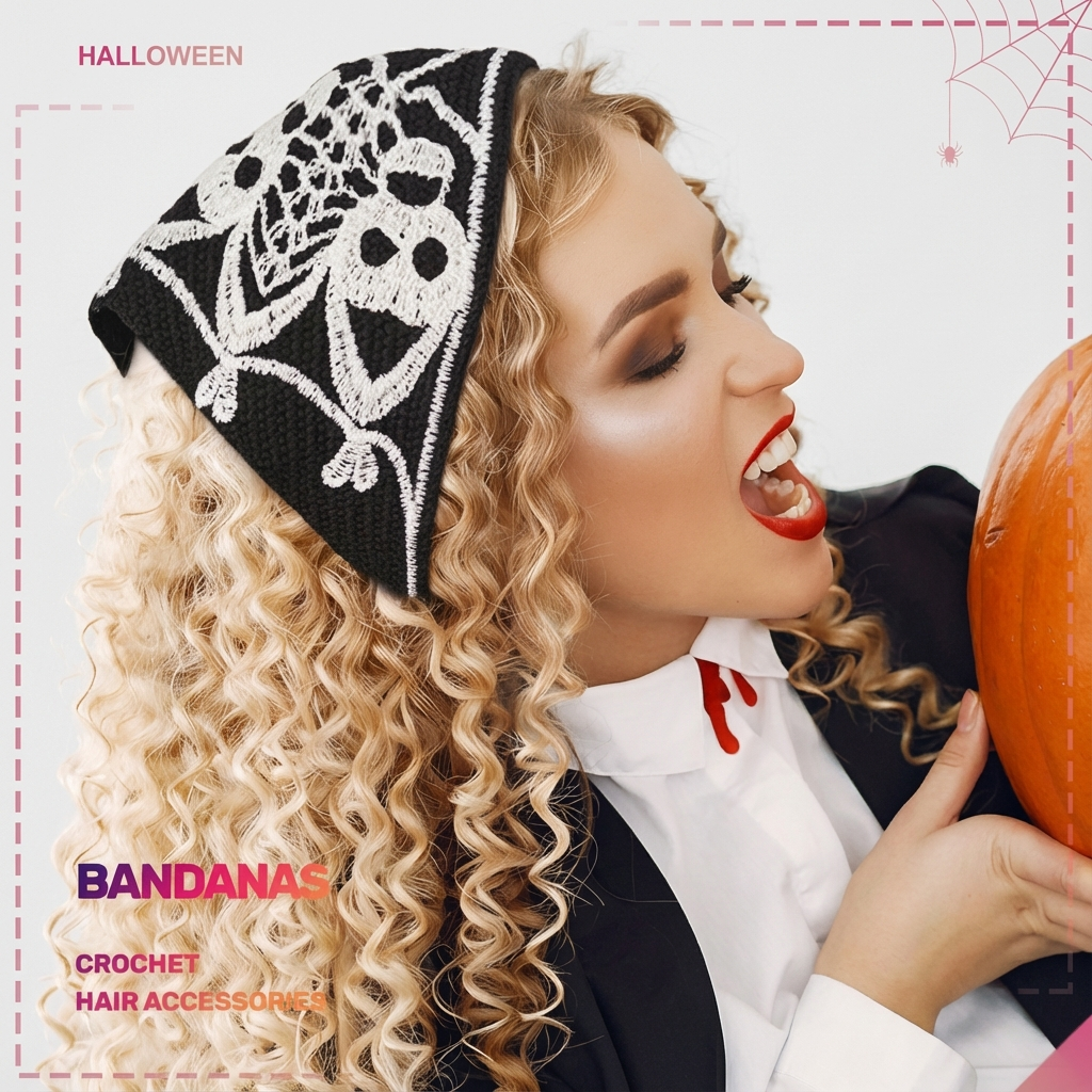 2pcs Gothic Black Skull & Spider Web Crochet Hair Accessories - Black Lace Headbands with Ribbon Bow, Perfect for Halloween & Gothic Fashion, Halloween Hair Decor | Skull Design | Texture