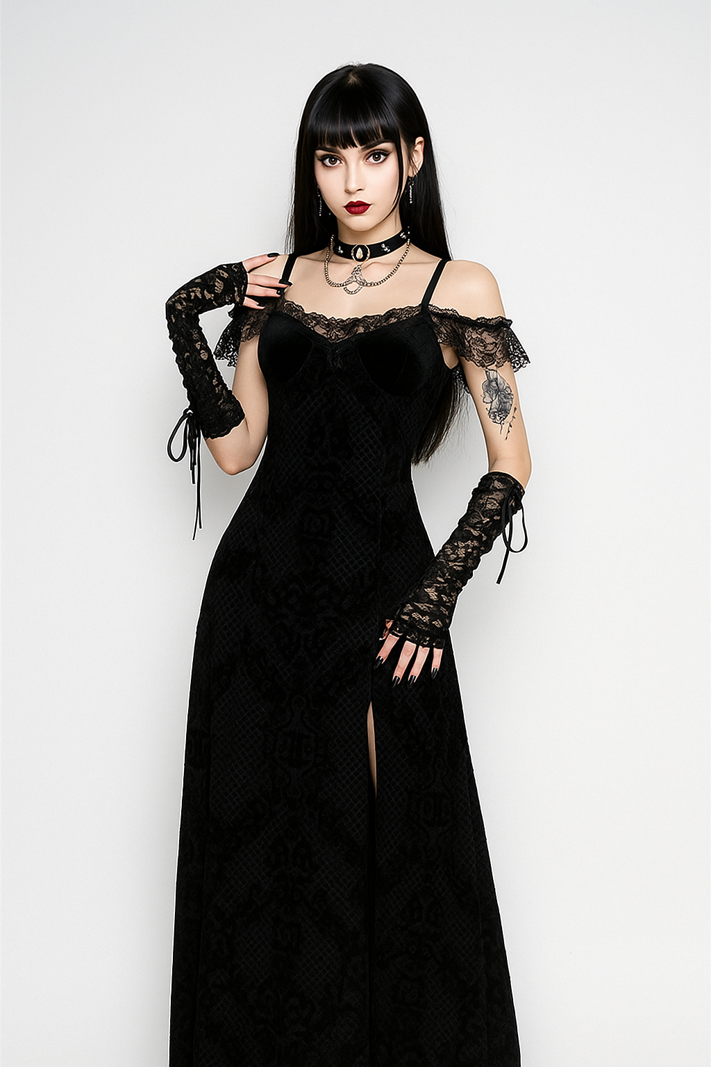 Gothic Velvet Off-Shoulder Slit Maxi Dress for Dark Elegance