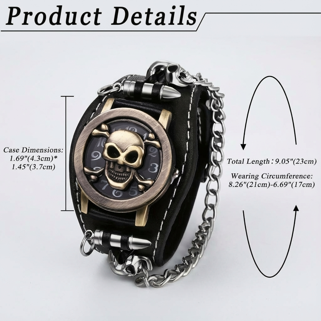 Men's Gothic Punk Skull Watch with Chain - Large Black Wide Cuff Analog Quartz Wristwatch, Golden-Tone Hands & Roman Numerals, Battery-Powered, Durable Metal Construction for Halloween, Valentine's Day & Casual Attire - Edgy Statement Accessory for Men