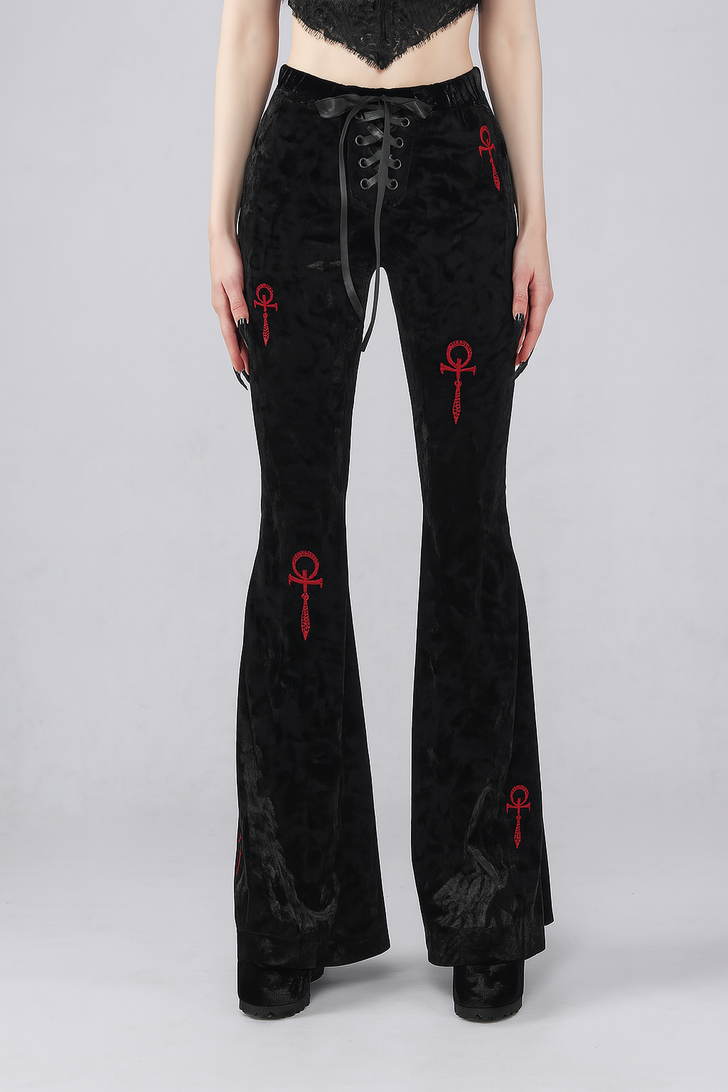 Cross Embroidered Bell-Bottom Pants for Modern Goth Fashion