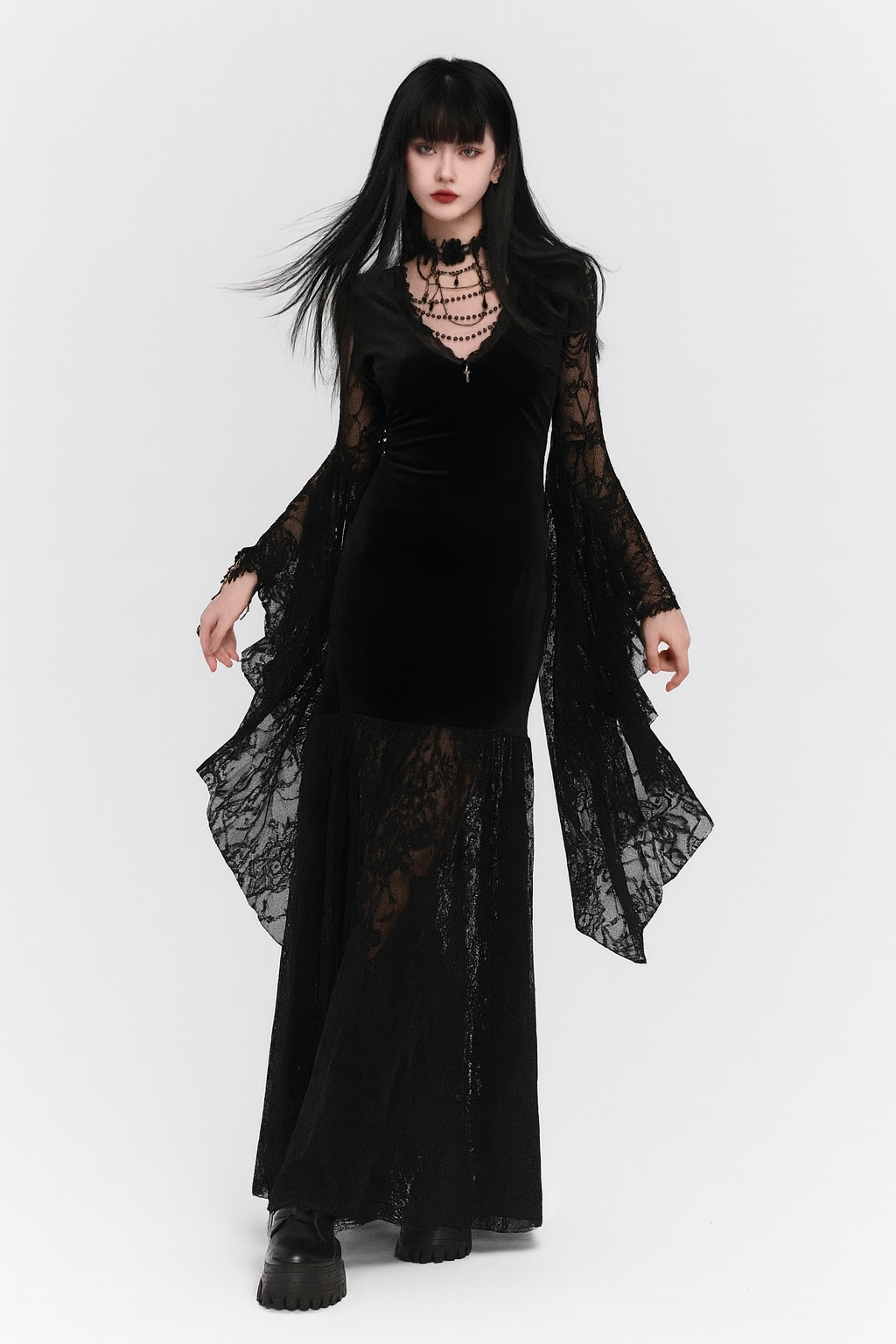 Vampiric Velvet Lace Batwing Dress
