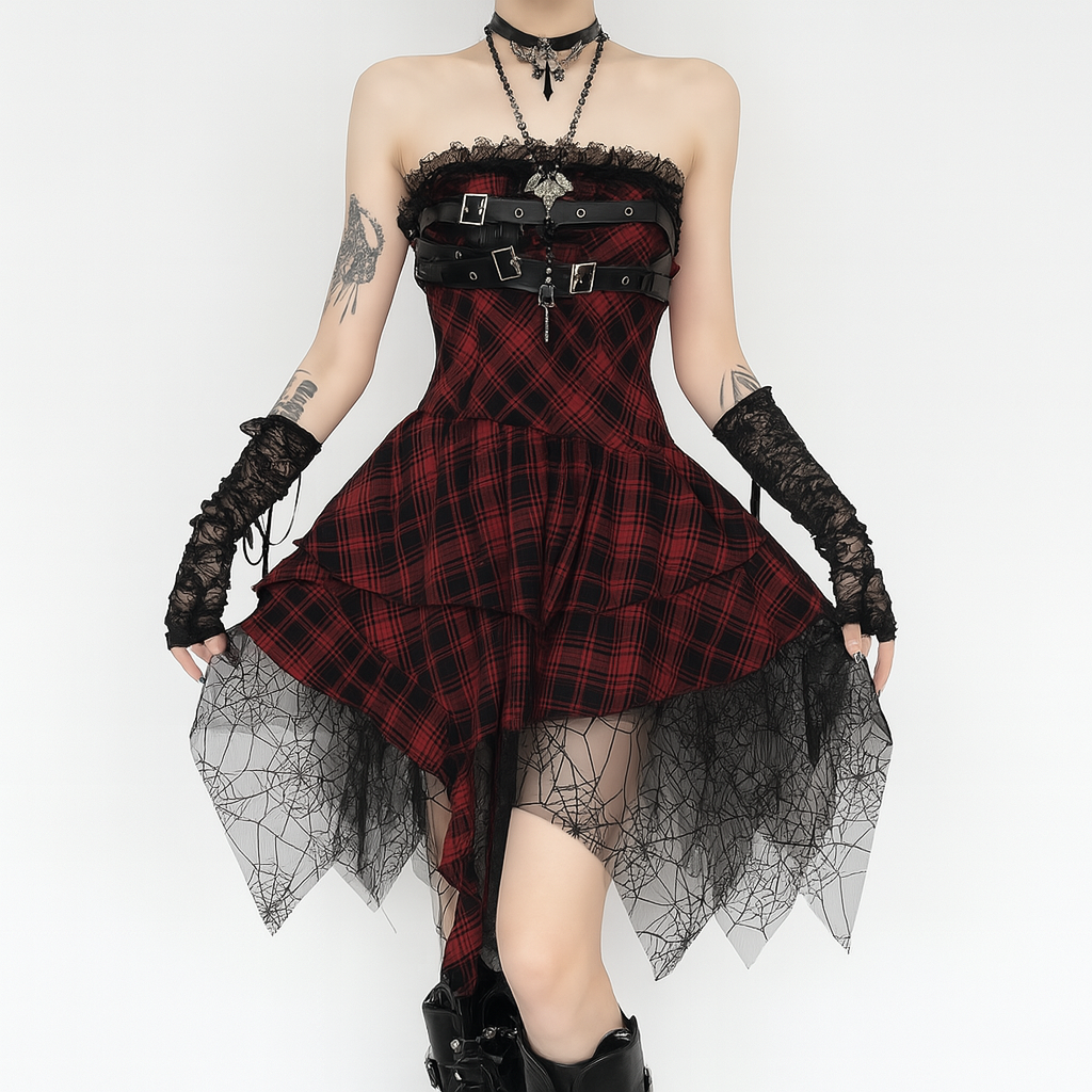 Gothic Red Checkered Strapless Dress with Fishnet Overlay - Red / L Gothic Red Checkered Strapless Dress with Fishnet Overlay - Red / L
