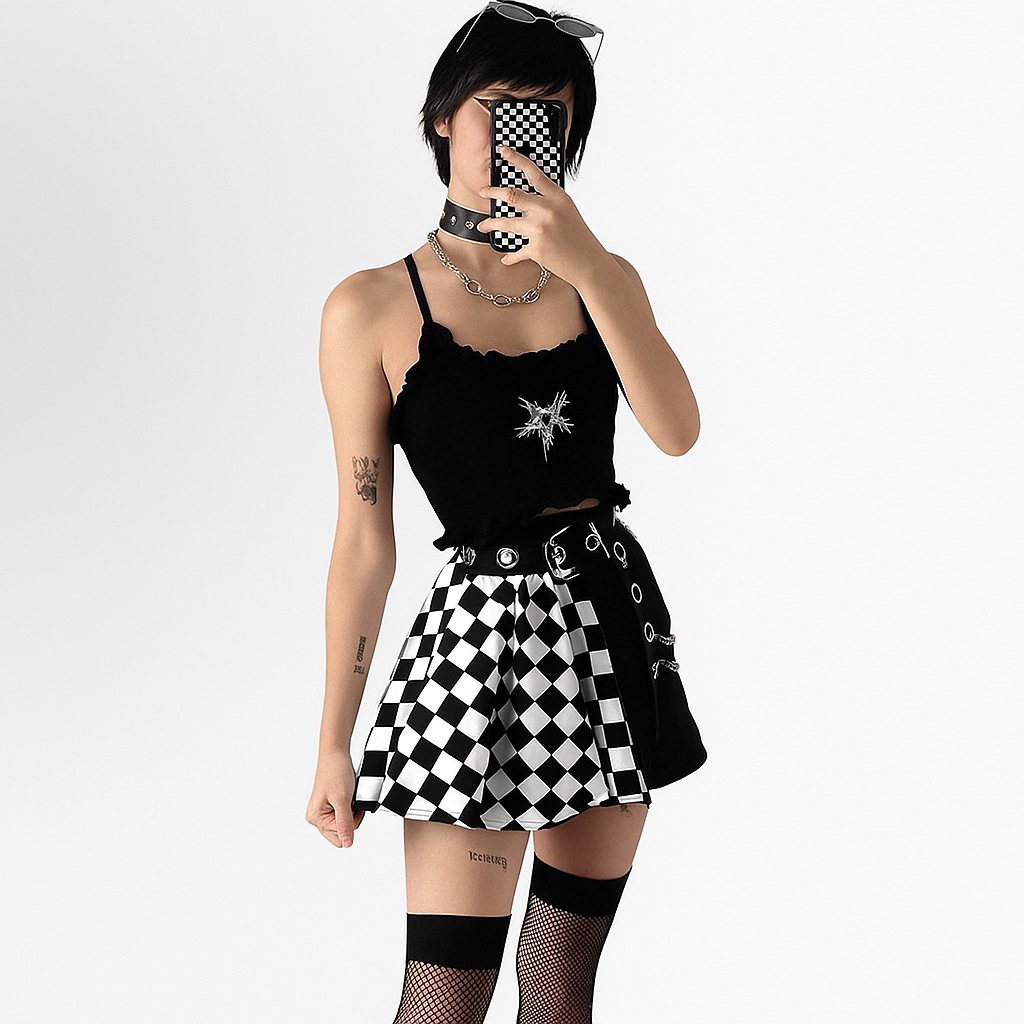 Gothic Houndstooth High Waist Pleated Mini Skirt