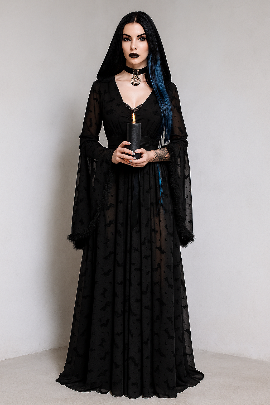Bat Veil Gothic Sheer Cloak with Dark Floral Velvet Cape Top