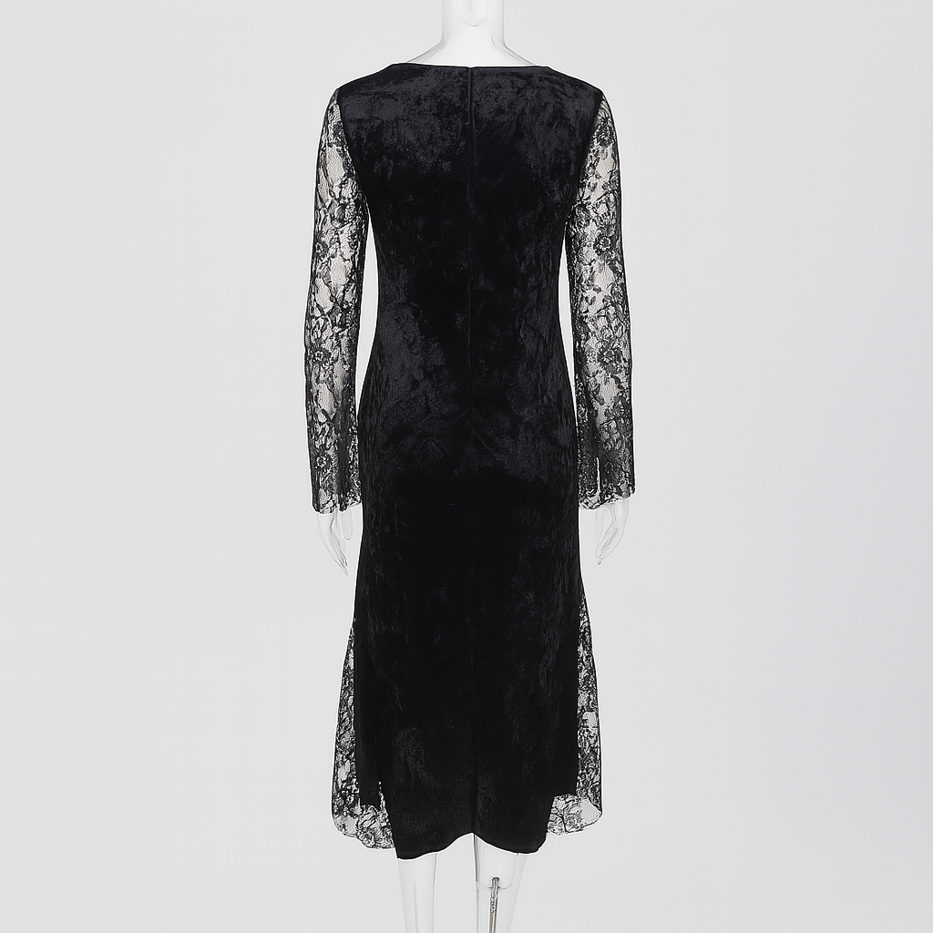 Gothic Lace Velvet Dress with High Slit and Bell Sleeves