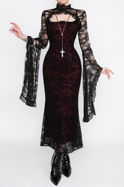 Vintage Gothic High Collar Mermaid Dress with Floral Embossed Design