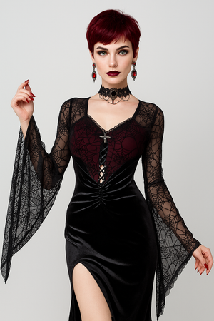 Gothic Spiderweb Velvet Slit Dress with Bell Sleeves for Halloween Elegance