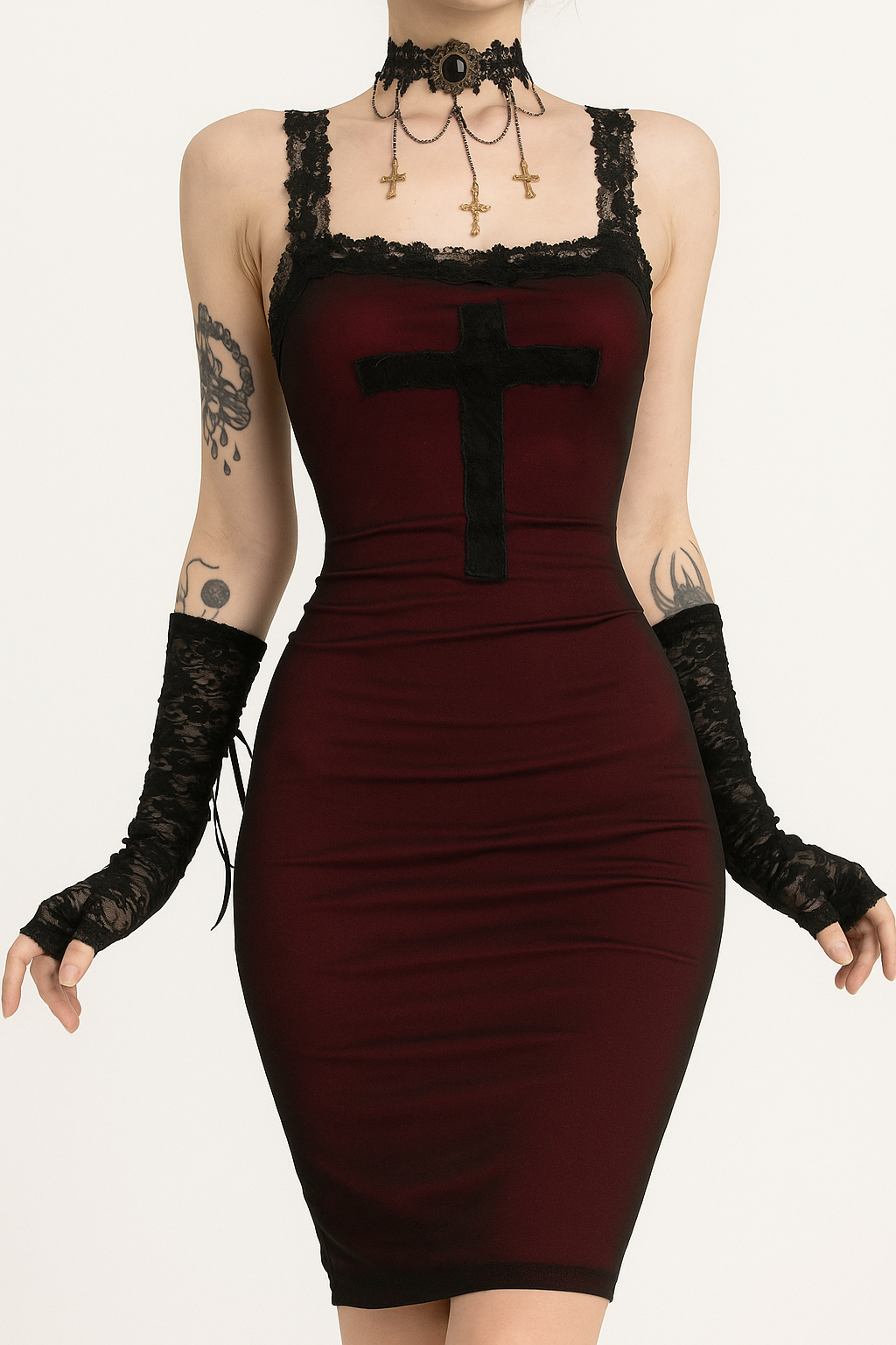 Crucifix Veil Gown – Gothic Layered Cross-Strap Dress