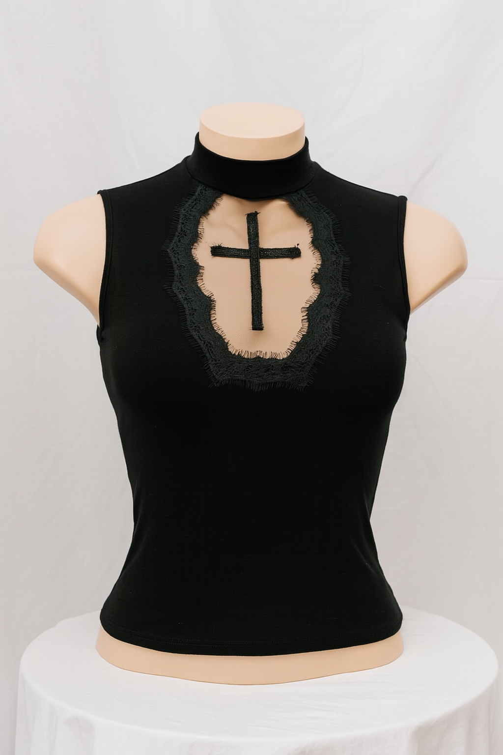 Cross Embroidered Sleeveless Top for Gothic and Alternative Fashion