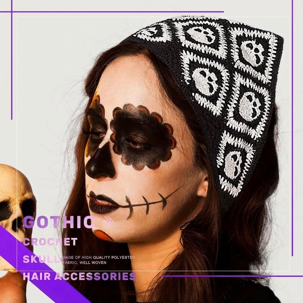 2pcs Gothic Black Skull & Spider Web Crochet Hair Accessories - Black Lace Headbands with Ribbon Bow, Perfect for Halloween & Gothic Fashion, Halloween Hair Decor | Skull Design | Texture