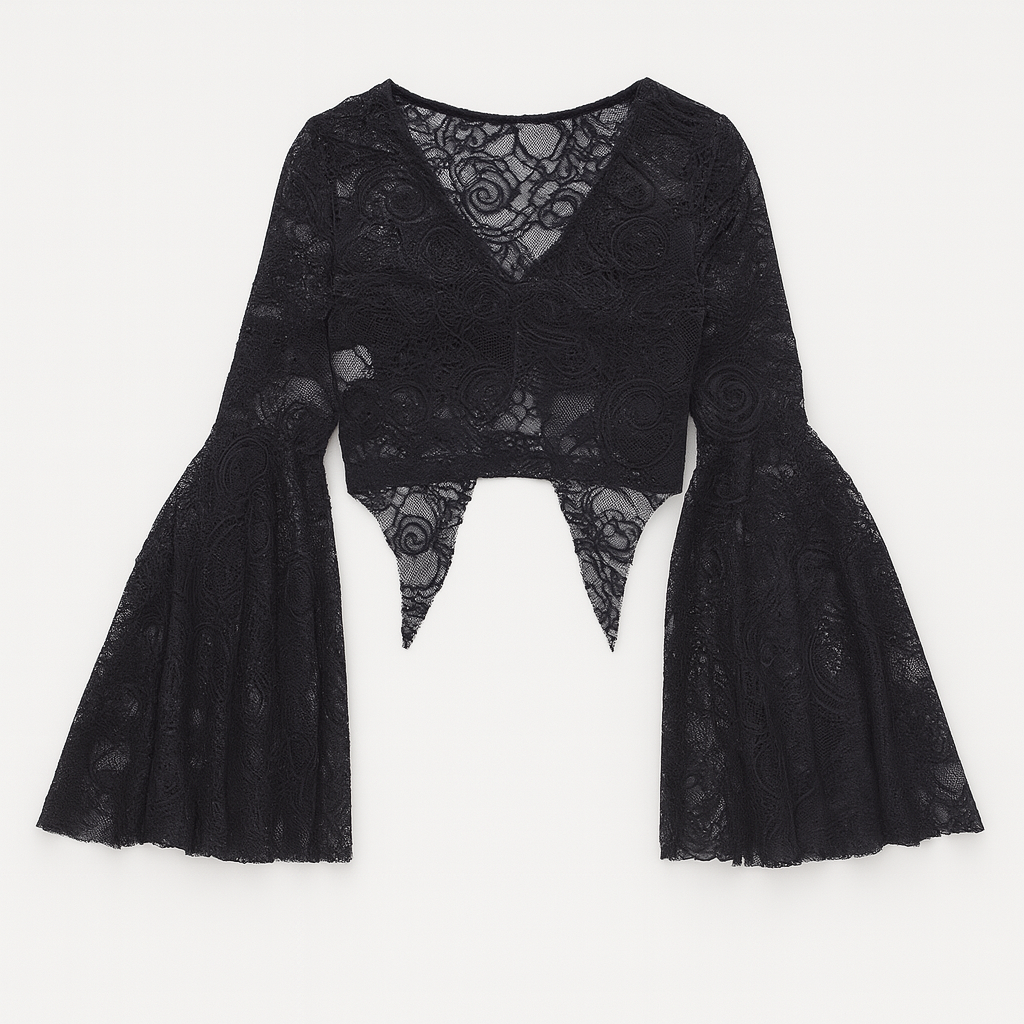 Occult Luxury Lace Crop Top with Flared Sleeves