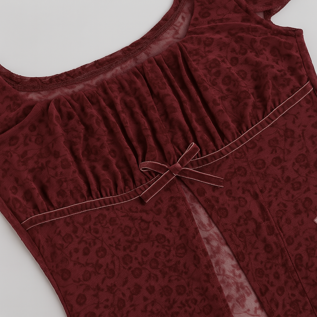 Gothic Red Crop Top with Square Neck and Side Slit