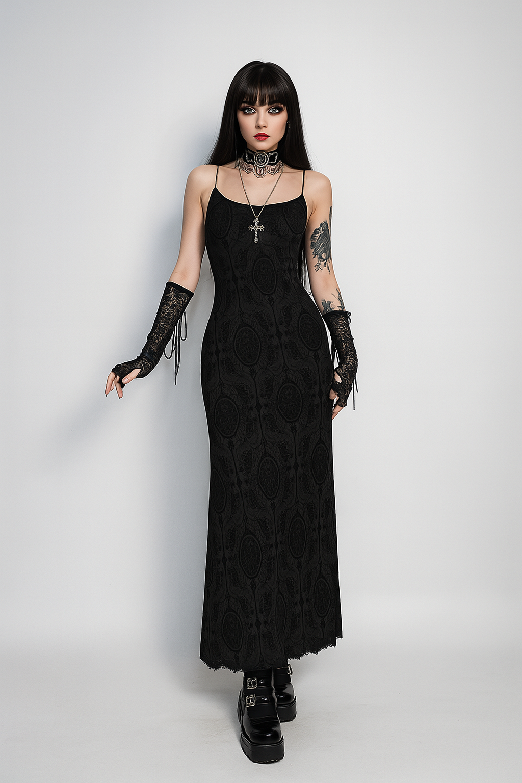 Gothic Crossback Bodycon Dress with Floral Pattern and Spaghetti Straps