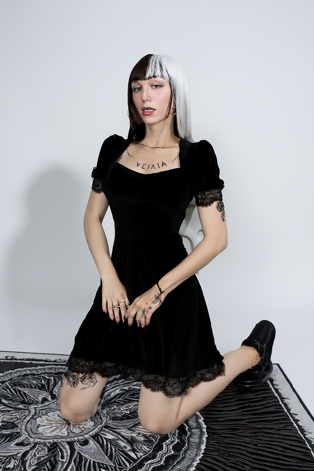 Puff Sleeve Lace Trim Gothic Velvet Dress