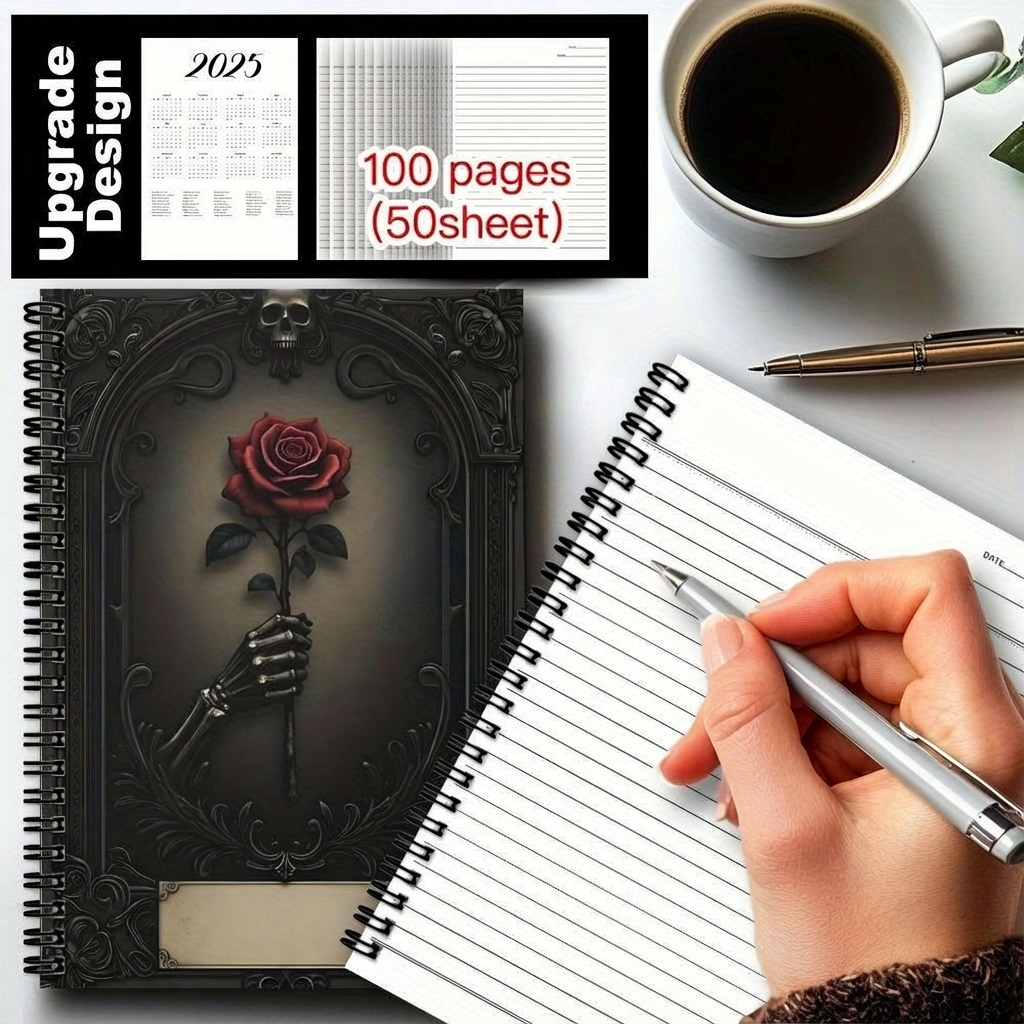 1pc Gothic Spiral Notebook Journal - Mystical Rose & Skull Design, Black with Golden Accents, 100 Pages, Perfect for Daily Writing, Travel, Office, or Gift for Teen Girls, Gothic Journaling | Skull Rose Design | Durable Spiral Binding