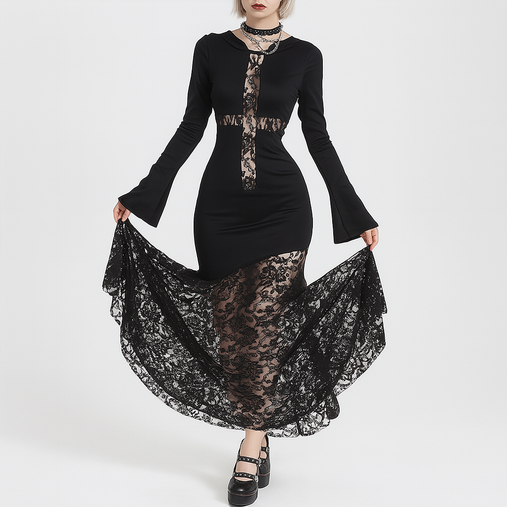 Lace Cross Hoodie Dress for Modern Goth Aesthetic