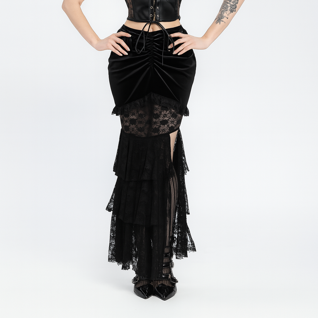 Gothic Ruffled Lace Tiered Skirt for Dark Romantic Style