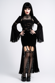 Dreadlace Sheer Jacquard Midi Skirt for Gothic Elegance