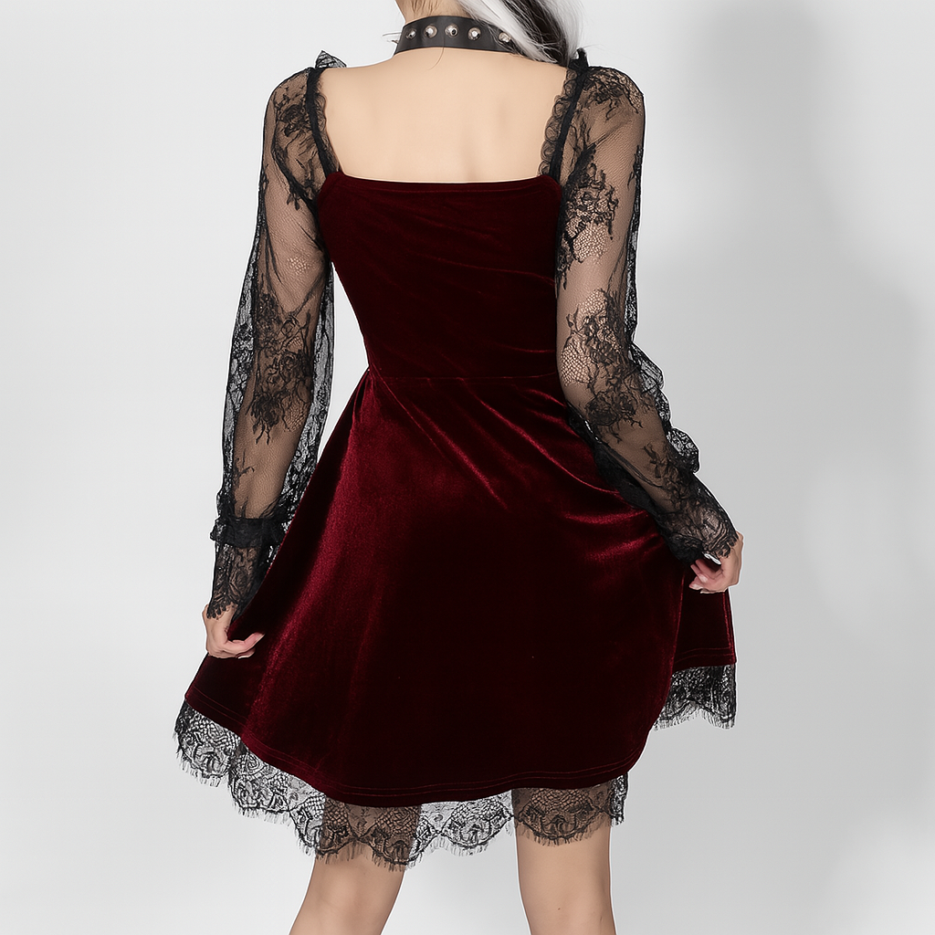 Gothic Ruffled Lace Mini Dress in Black Red and Burgundy