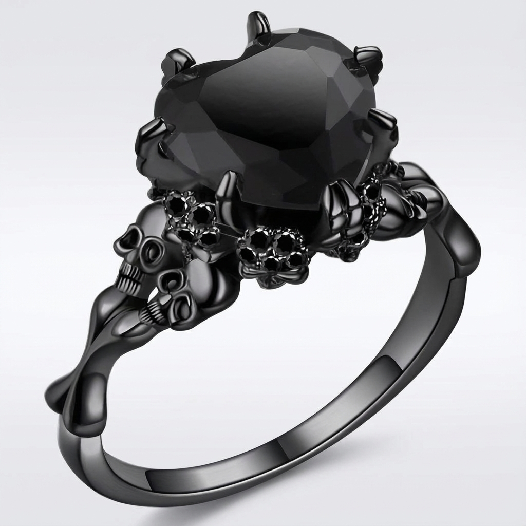 Gothic Black Double Skull Ring with Red Heart-Shaped Crystal – Vintage Women’s Jewelry for Parties, Weddings, and Casual Attire, Skull Jewelry