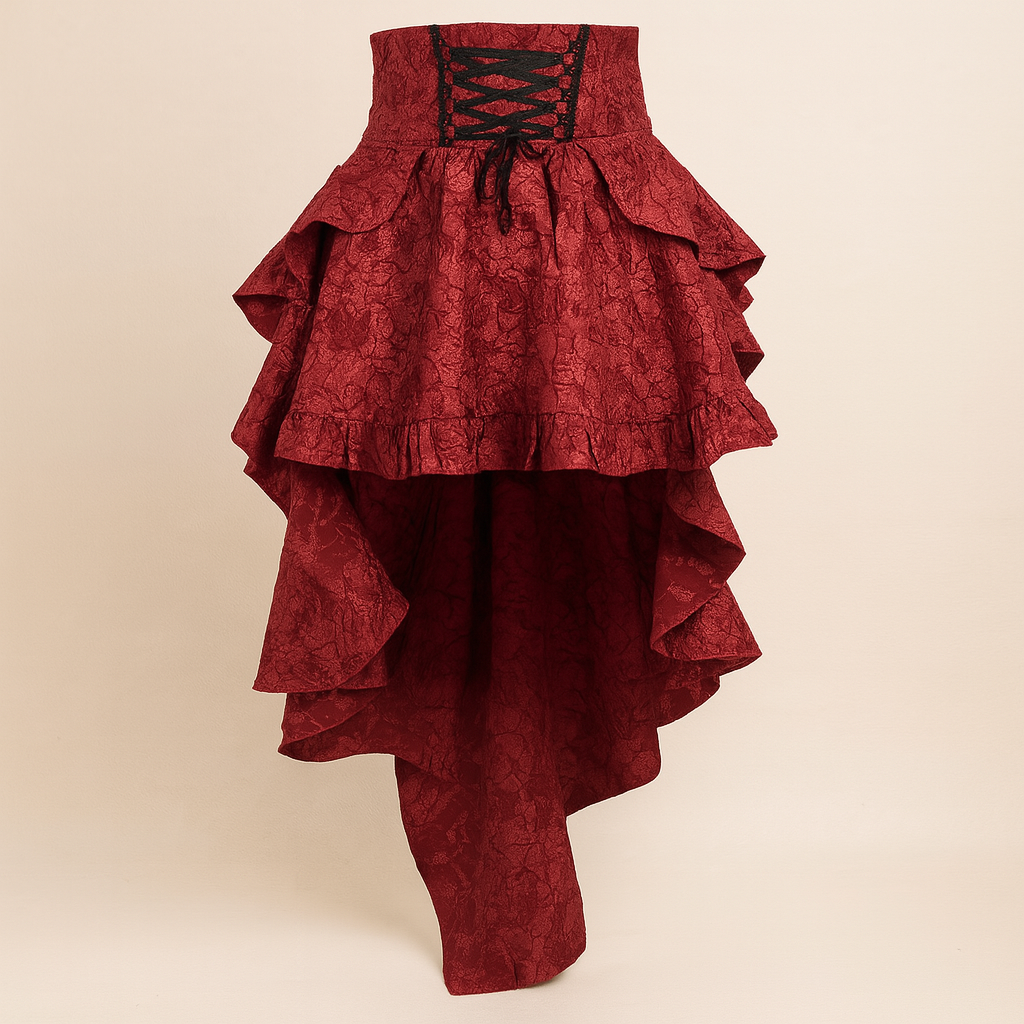 Gothic High-Waisted Lace-Up Midi Skirt in Red and Black
