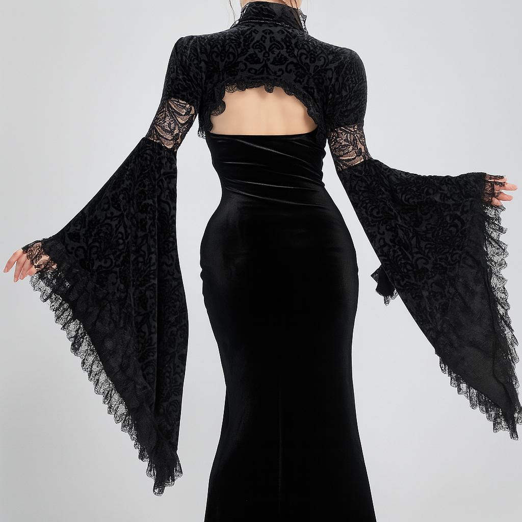 Elegant Black Velvet Gothic Top with Lace Accents
