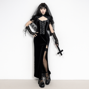 Gothic High Slit Cheongsam Dress with Lace-Up Detail