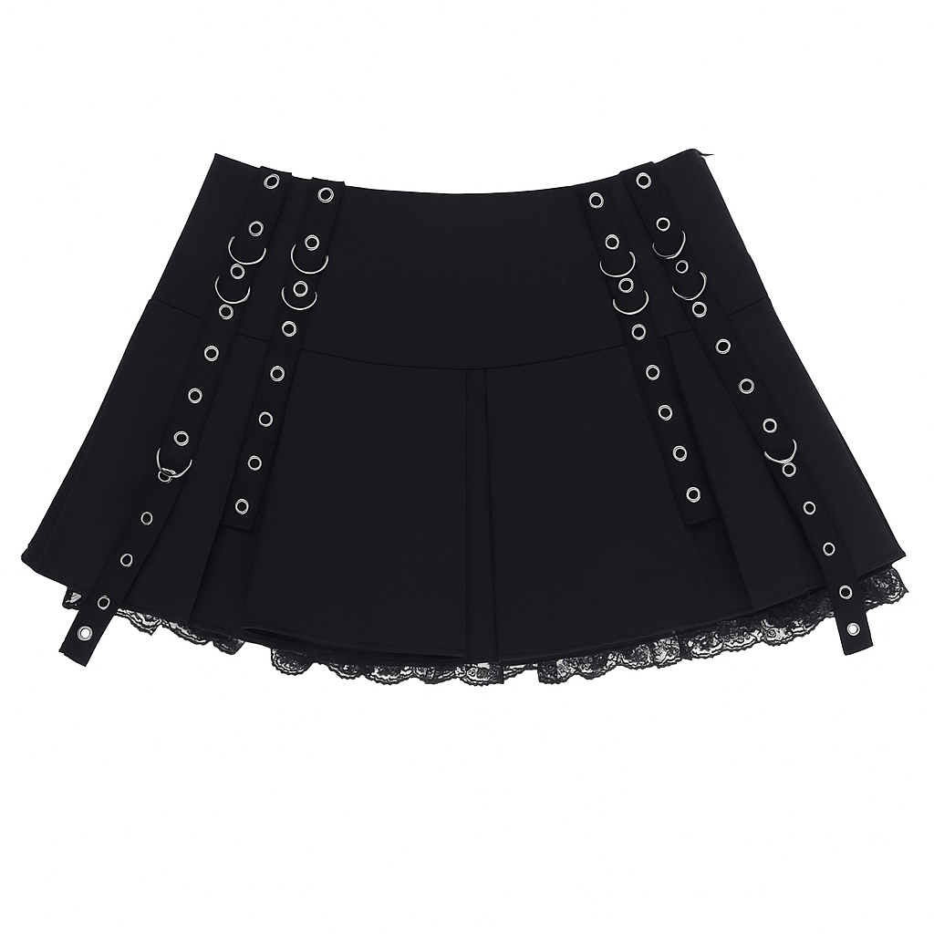 Gothic Black Pleated Mini Skirt with Irregular Strap Design