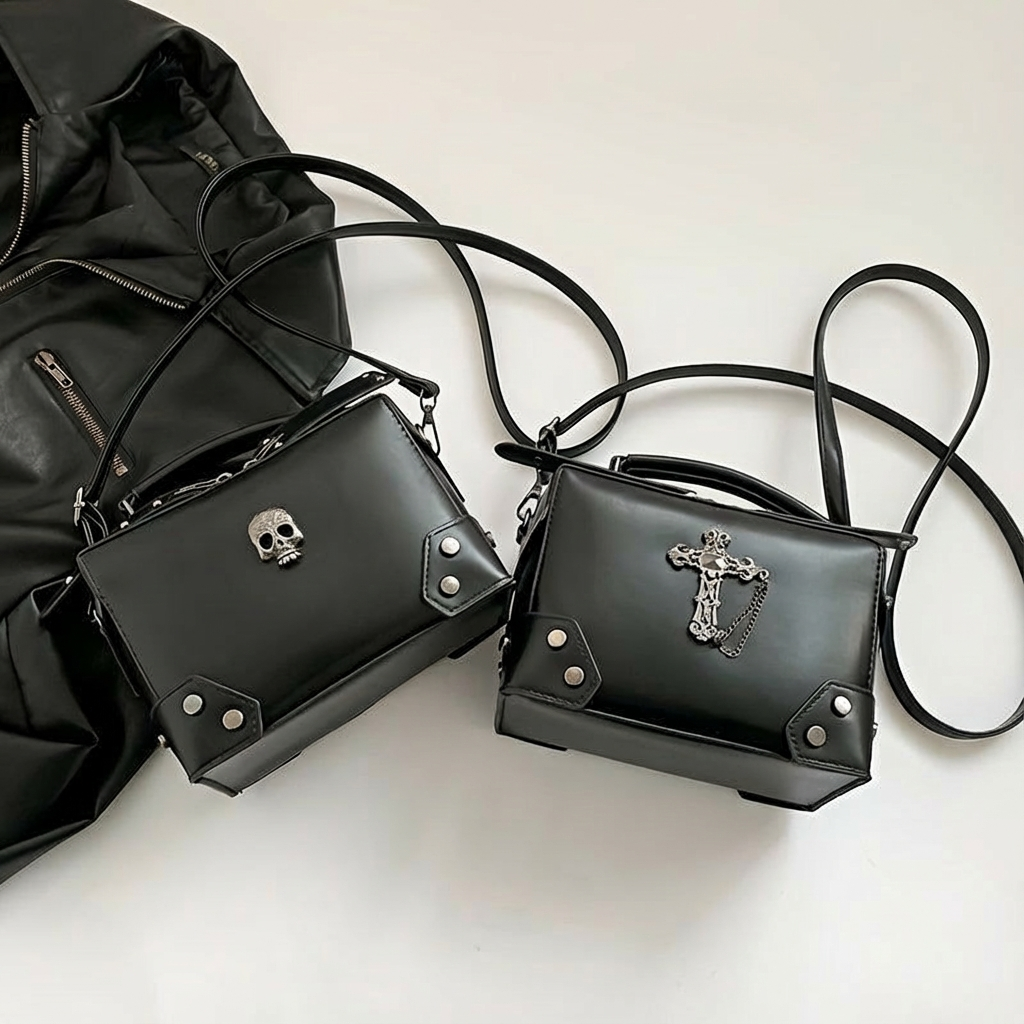 Skull Cross Punk Motorcycle Rivet Handbag Fashion Single Shoulder Crossbody Square Cosmetic Bag Suitable for Women's Daily Use Dating Gift