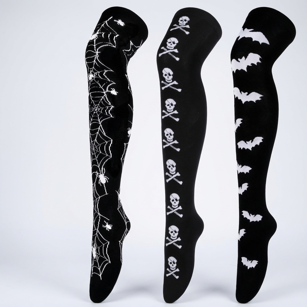 3 pairs of Halloween-themed skull and bat full-body print funny Women's over-the-knee socks, soft, comfortable, tight and high-stretch socks, suitable for parties and daily wear