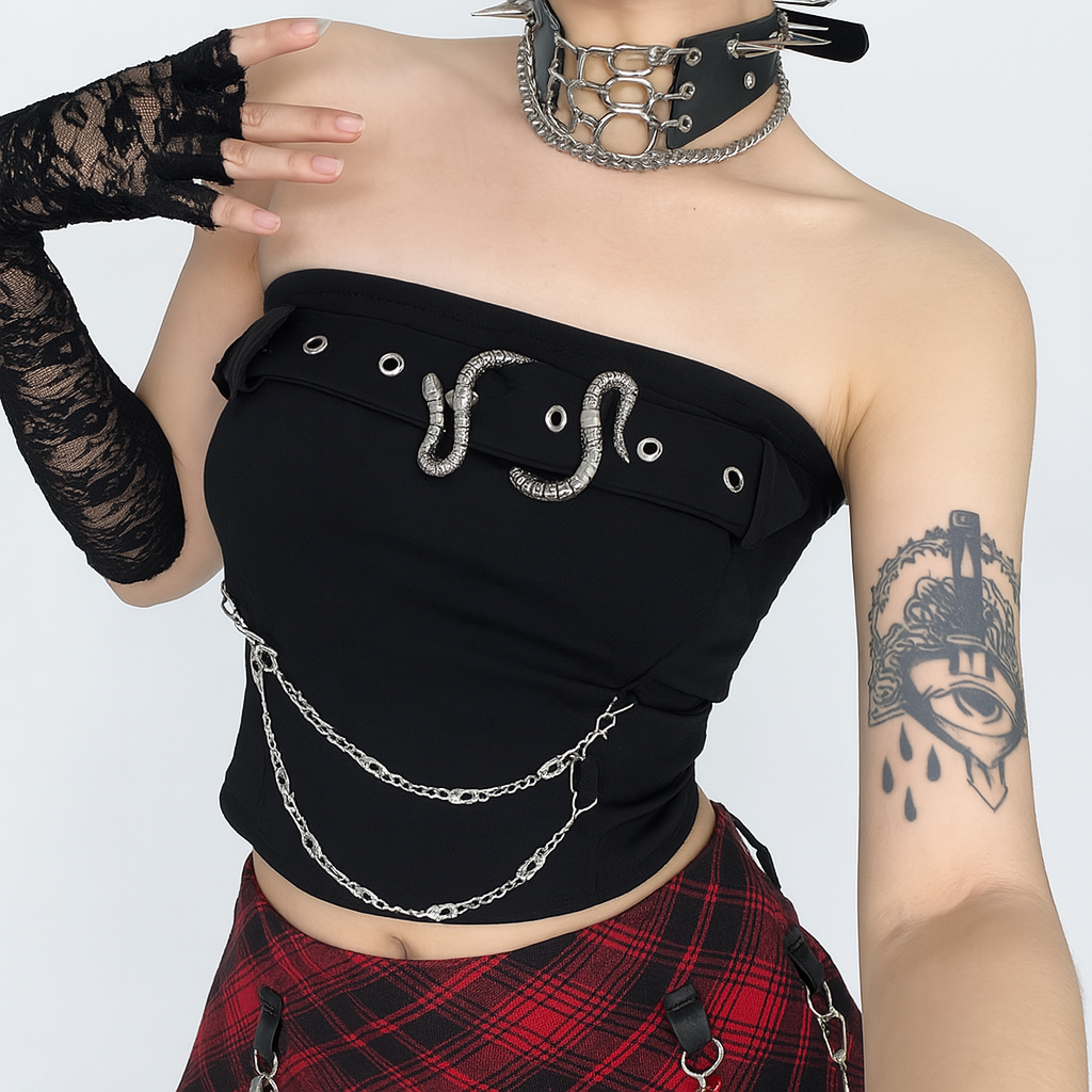 Dark Fashion Snake Buckle Strapless Top