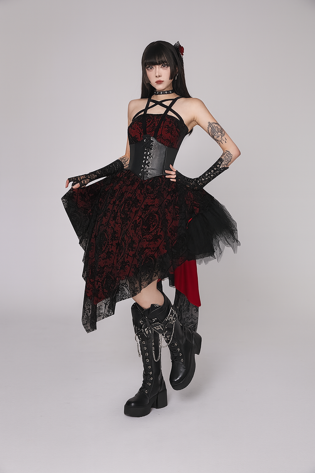 Gothic Red Flocked Mini Dress With Irregular Halter Neck