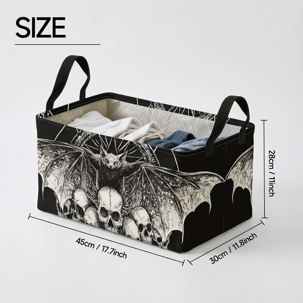 1pc Large Foldable Storage Basket - Gothic Bat & Skull Organizer, Collapsible Halloween Decor, Heavy-Duty Polyester Fabric for Candy, Dorm, Home - Spooky Gothic Home Decoration Gift, Halloween Decorations, Seasonal Organizer, Sturdy Handle Design