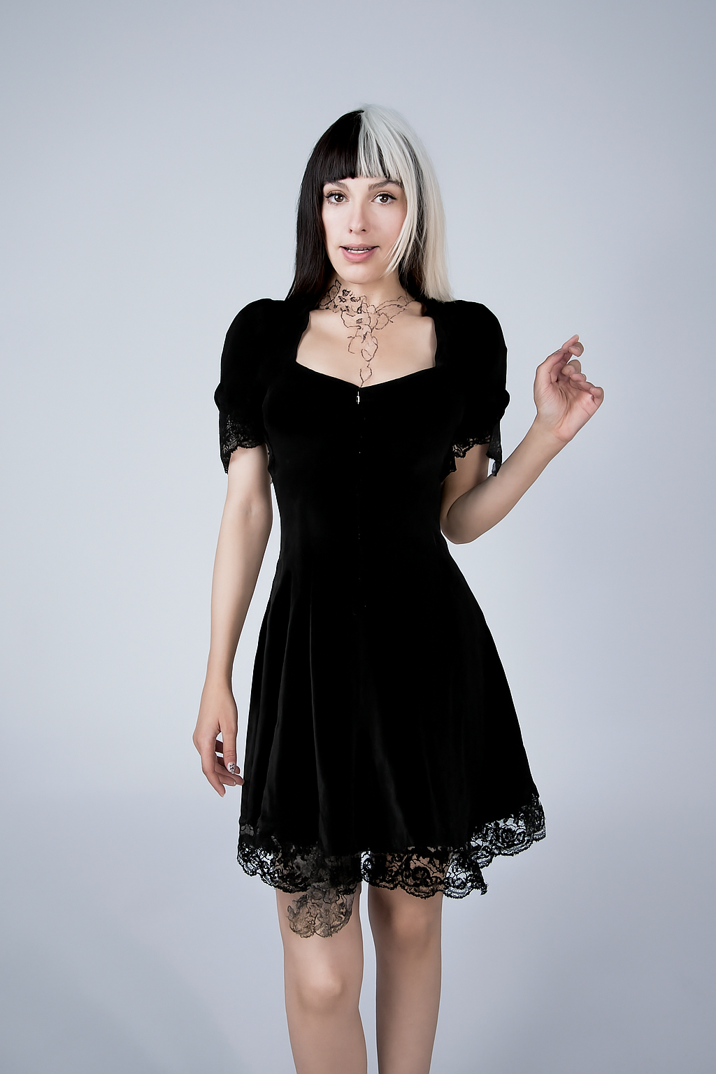 Puff Sleeve Lace Trim Gothic Velvet Dress