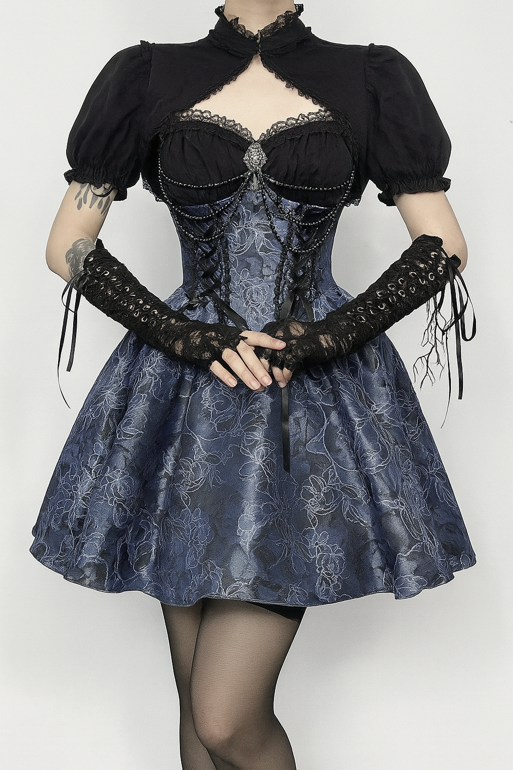 Gothic Lace Dress with Floral Jacquard and Lace Overlay