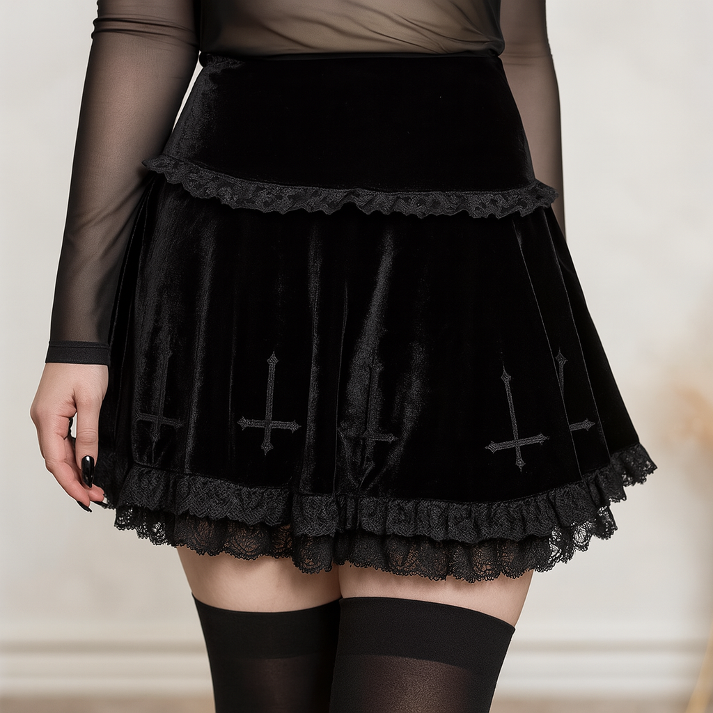High Waist Lace Ruffle Skirt in Black Velvet