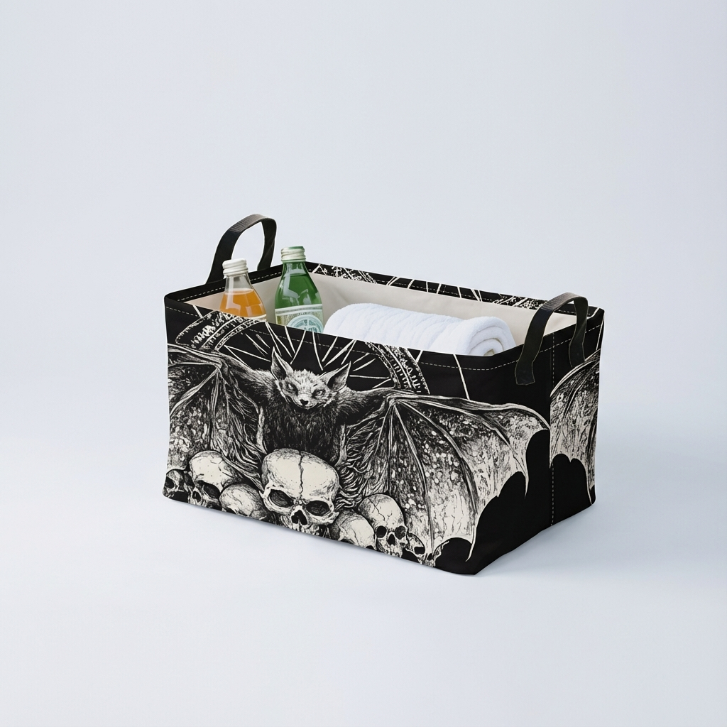 1pc Large Foldable Storage Basket - Gothic Bat & Skull Organizer, Collapsible Halloween Decor, Heavy-Duty Polyester Fabric for Candy, Dorm, Home - Spooky Gothic Home Decoration Gift, Halloween Decorations, Seasonal Organizer, Sturdy Handle Design